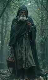 a man in a green robe is holding a basket