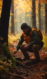 a man with a backpack is kneeling in the woods,a man with a backpack crouches in the woods