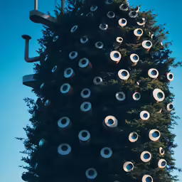 a large christmas tree has several metal pieces on it