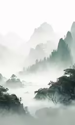 the mountains are covered with fog as they rise