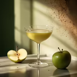 a clear martini glass next to an apple