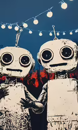 two creepy robots that are both staring at each other
