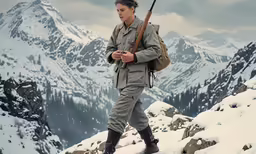 the boy has his backpack in hand and is walking with a rifle