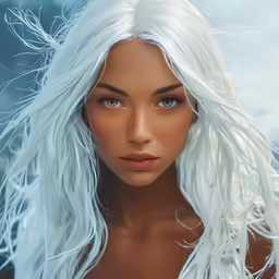 a digital model with bright white hair and blue eyes