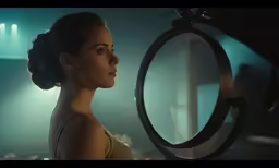 an adult female wearing a formal outfit looking into a mirror