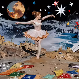 the painting shows a woman dancing on the beach