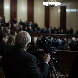 a man in suit taking a photo with a camera