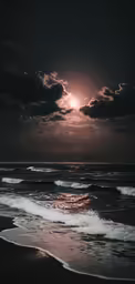a full moon above some water and a sky with clouds