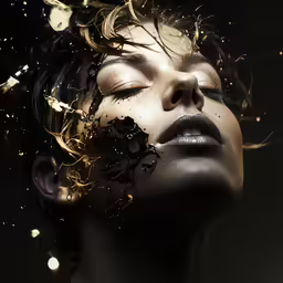 a woman has her eyes open and the face has butterflies on it