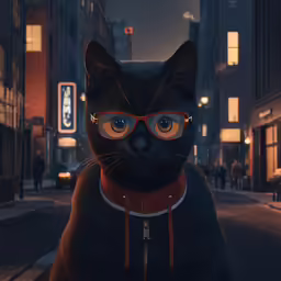 a black cat in glasses standing in the middle of the street