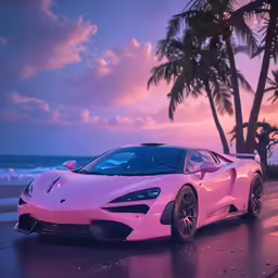 pink sports car on wet road at dusk near ocean
