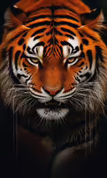 a tiger with a black background and the image shows its eyes and tail