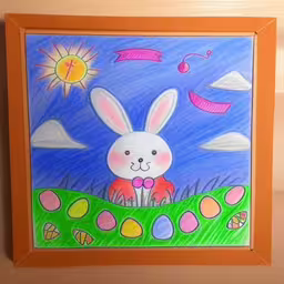a drawing of a bunny on a field with eggs,picture hanging on wall with painting of rabbit in grass