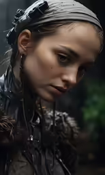 a girl wearing a leather jacket with hair sticking back