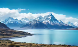 the mountain range in the distance is covered with snow