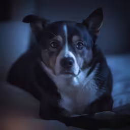 a black and white dog laying on top of a bed