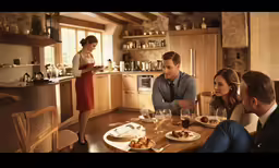 the people are gathered around the table eating