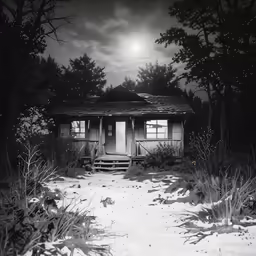 a rustic cabin with a full moon in the background