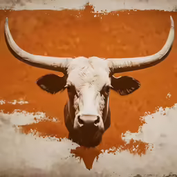 bull head with large horns sticking out from hole in wall