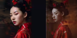 an asian woman is photographed next to flowers,a japanese woman in a traditional red dress is looking out the window