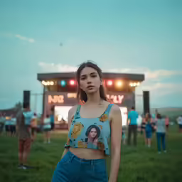 a woman standing in front of a band in the grass