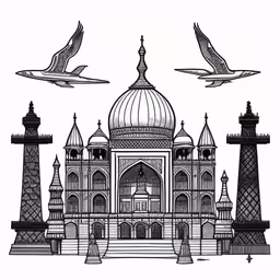 the taj mosque, an oriental architectural architectural drawing,a black and white drawing of some buildings