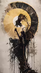an artistic illustration of a dead tree and clock