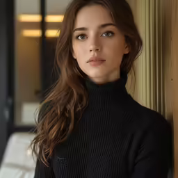 a woman in black wears a sweater and poses for a portrait
