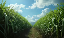 a photo taken from the ground of an open corn field