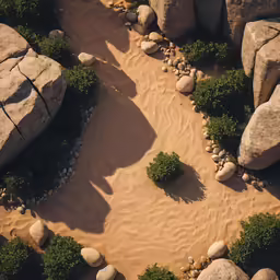 the sand is covered with rocks, stones and green bushes