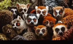 several red and white lemursks are seen looking up