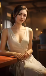 a woman sitting at a bar wearing a dress
