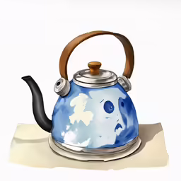 a blue tea kettle with wood handle and floral print on the front