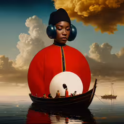a woman in a boat with headphones and some other people,a person on a boat with headphones on