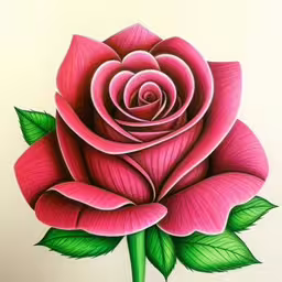 a pink rose with green leaves is drawn on a white wall,a drawing of a flower on paper