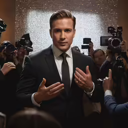 the man is speaking to the people around him