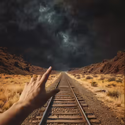 a man is making a hand gesture on the railroad tracks