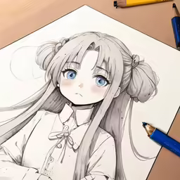 anime girl with a ponytail and a cute dress is looking straight ahead with blue eyes