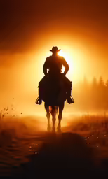 a silhouette of a cowboy riding in the sunset