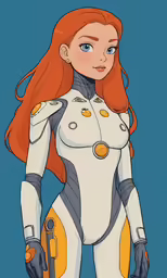an illustration of a woman in white and orange, with red hair