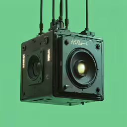 a camera hanging from the ceiling with three microphones attached