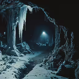 an icy cave with a lamp post in it