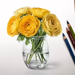the yellow roses in the clear glass vase were placed by the pencils