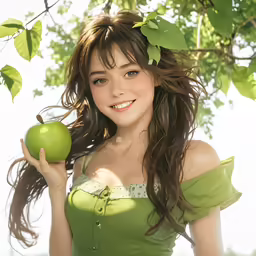 a young woman holding an apple while standing under a tree