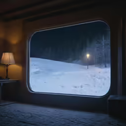 the view from inside a train cabin looking out at snow and a light