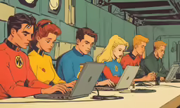 the people are working at the desk in the office
