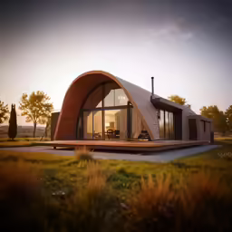 a glass roofed building with wooden porches in front of the grass