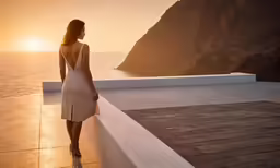a young woman stands on top of a rooftop at sunset
