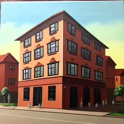 a picture with a street scene in it and people walking by,an impression of a building in the middle of a street