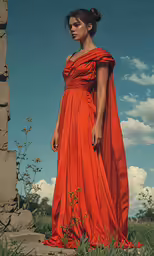 an oil painting of a woman in a long dress
